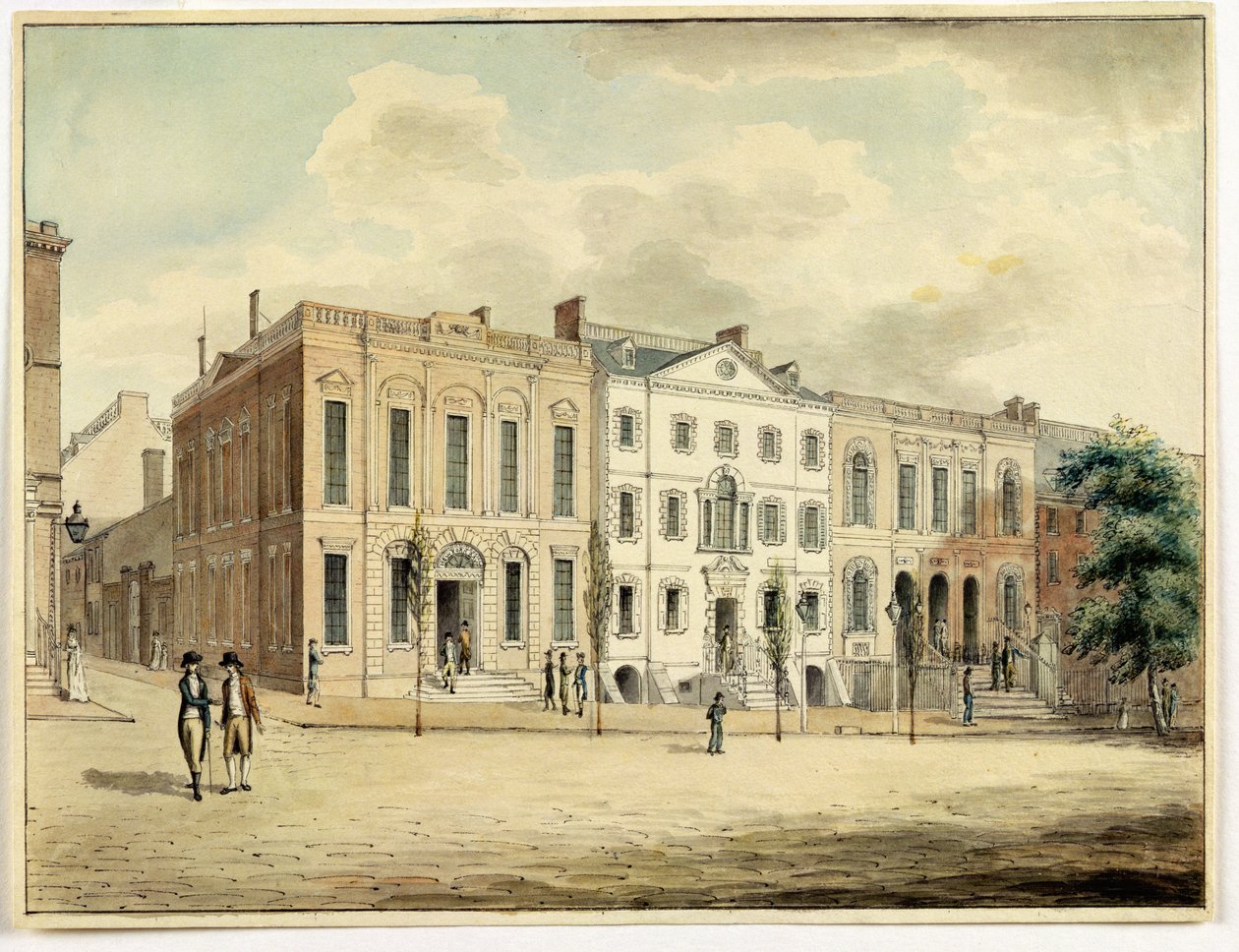 Nordøstlige hjørne af Wall and William Streets, New York City, 1798 (wc og blæk på papir) af Archibald Robertson