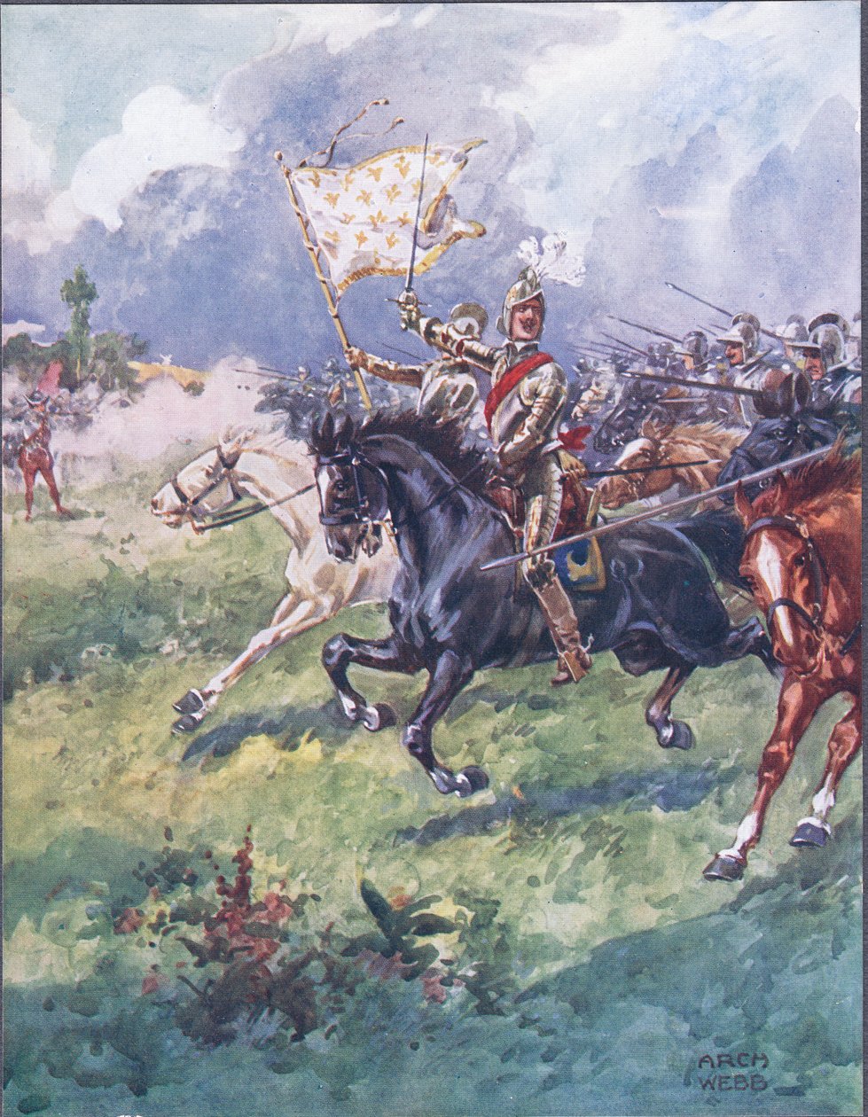 Tusind riddere presser sig tæt bagud, illustration fra Ballads of Famous Fights, ca. 1900 af Archibald Webb