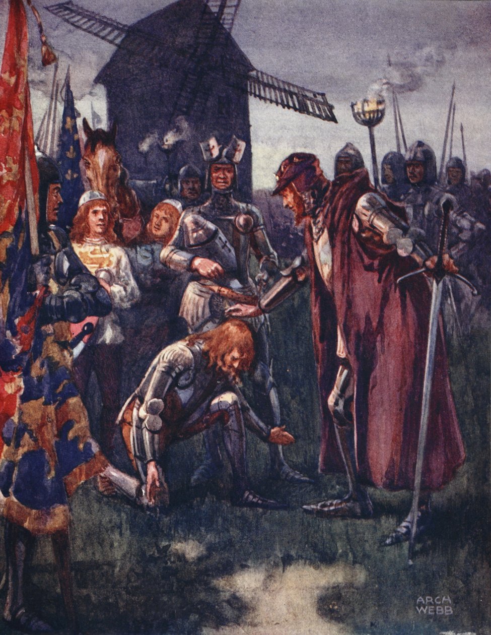 Prinsen knæler ydmygt for sin far: Kampen er hans - hans helt og holdent! fra Ballader om berømte kampe, første udgave, 1920 af Archibald Webb
