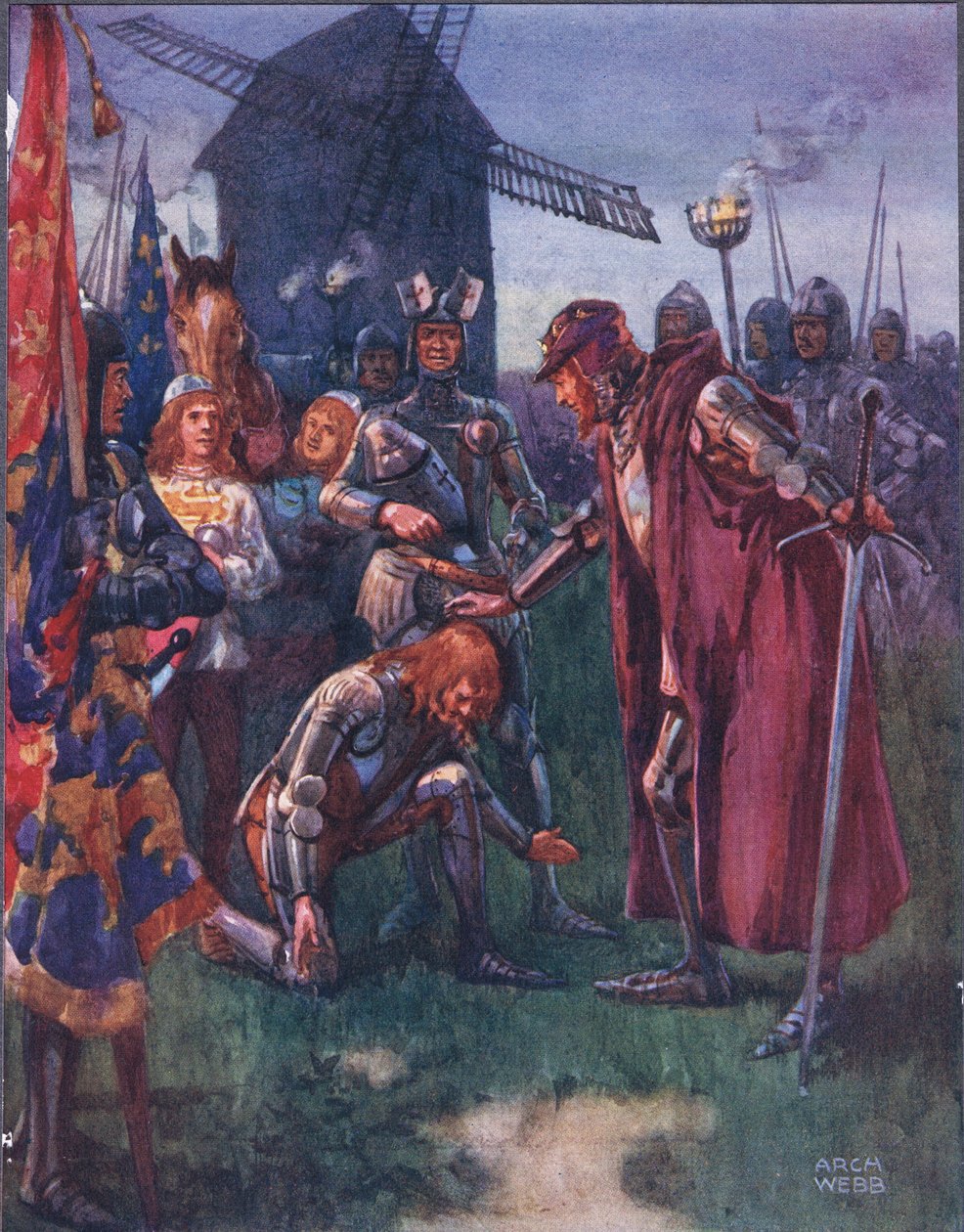 Prinsen for sin Fader knæler ydmygt: Hans er kampen - hans helt! illustration fra Ballads of Famous Fights, ca. 1900 af Archibald Webb