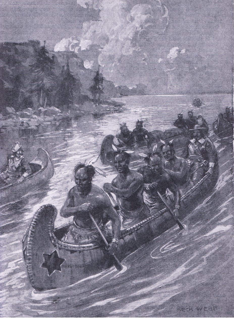 Rejsen, der førte til stedet i Quebec, illustration fra Cassells Romance of Famous Lives, ca. 1940 af Archibald Webb