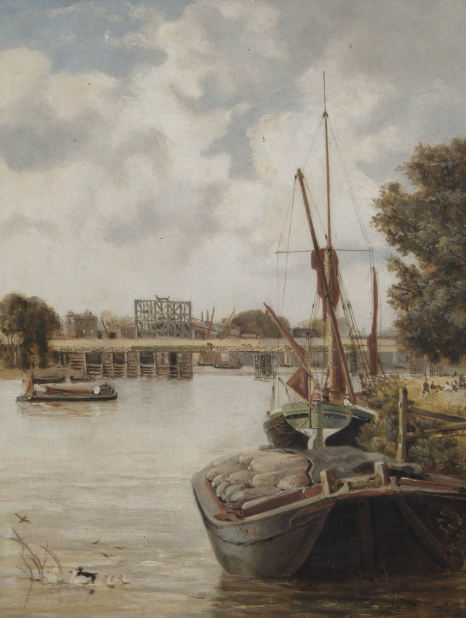 Den nuværende Hammersmith Bridge under opførelse viser den midlertidige bro, 1886 af Archibald Webb
