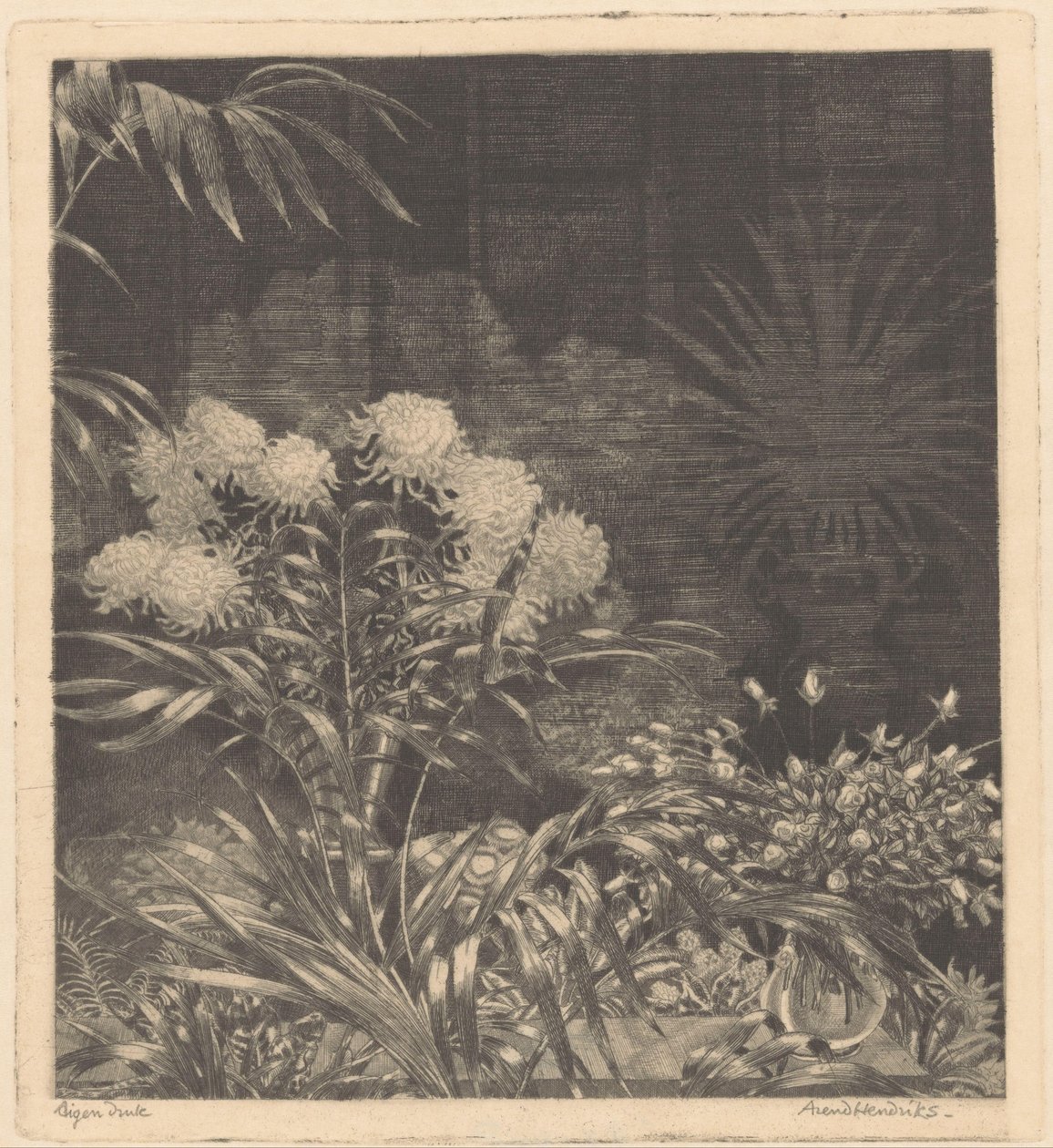 Interiør med blomster i vaser og planter i krukker af Arend Hendriks (signed by artist)