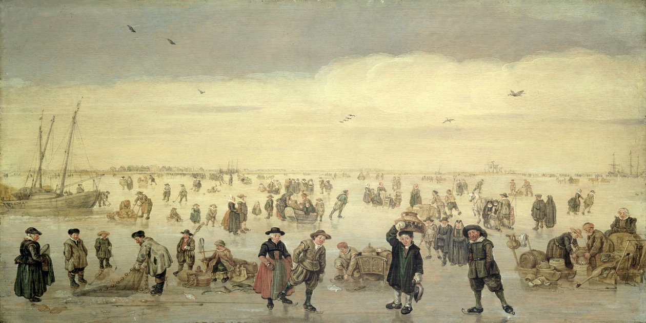 Vinterscene med talrige figurer på isen, ca. 1600-31 (olie på panel) af Arent Arentsz