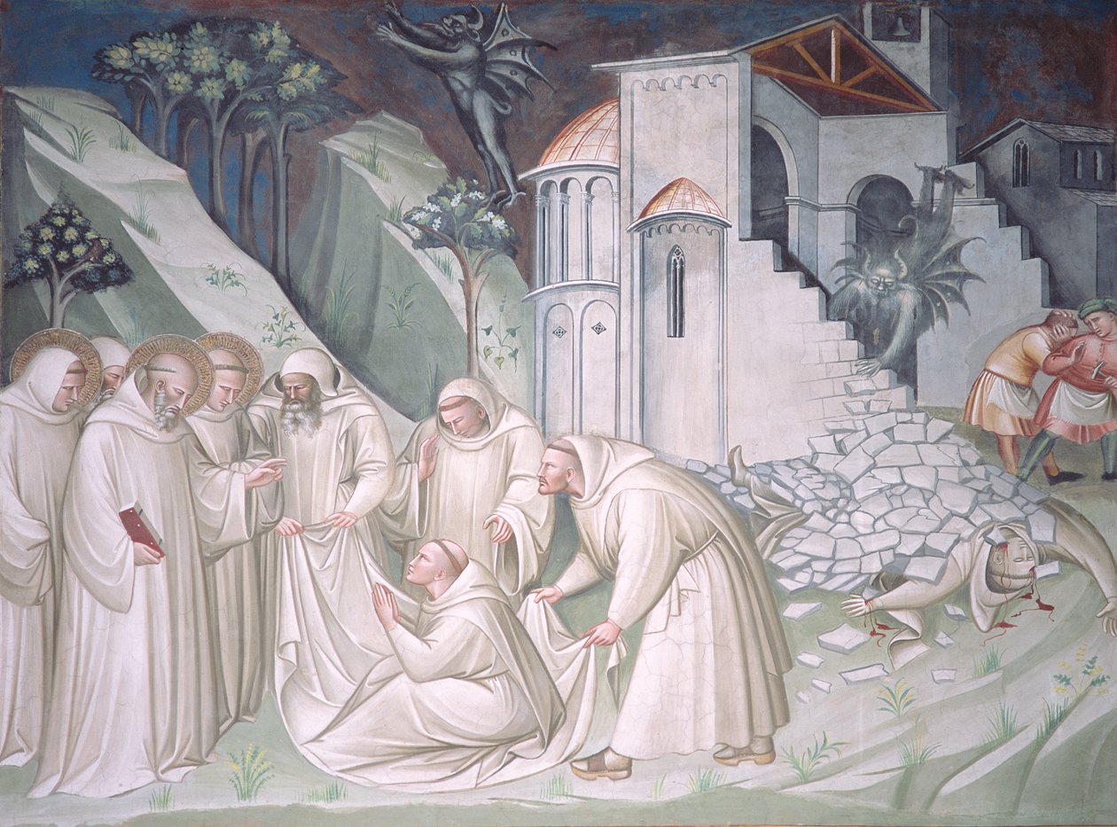 Fundamentet af Montecassino og miraklet ved at opdrage munken, Sagrestia af Aretino Luca Spinello or Spinelli