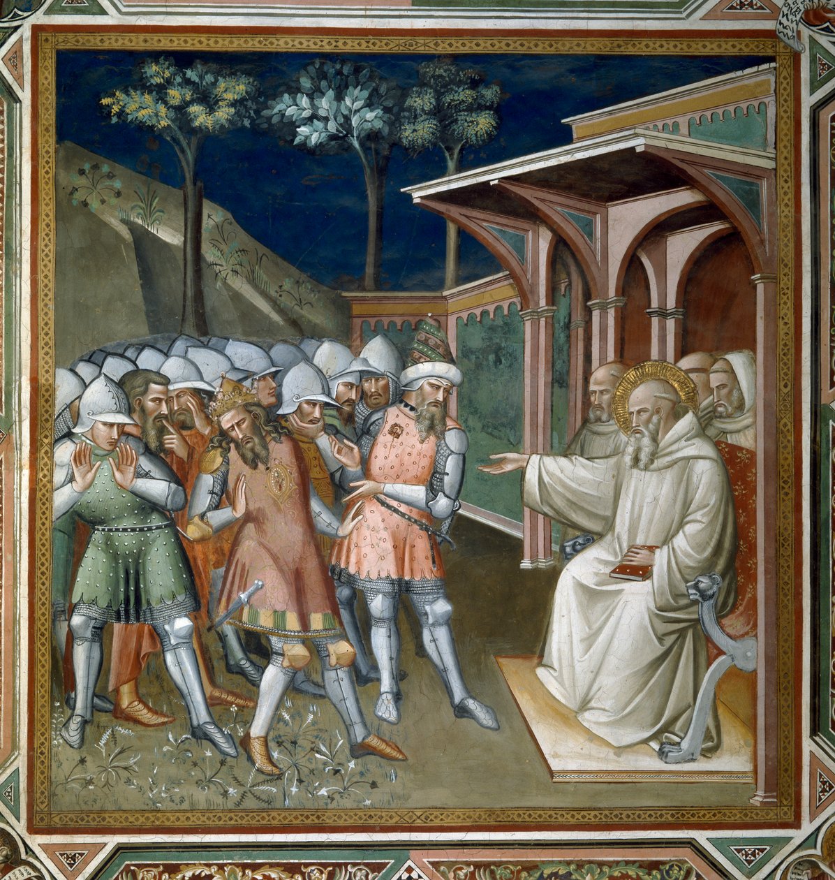 Helgenen opdager bedraget af Totila, østgoternes konge, detalje fra Sankt Benedikts liv (ca. 480-c. 550), i sakristiet, 1387 af Aretino Luca Spinello or Spinelli