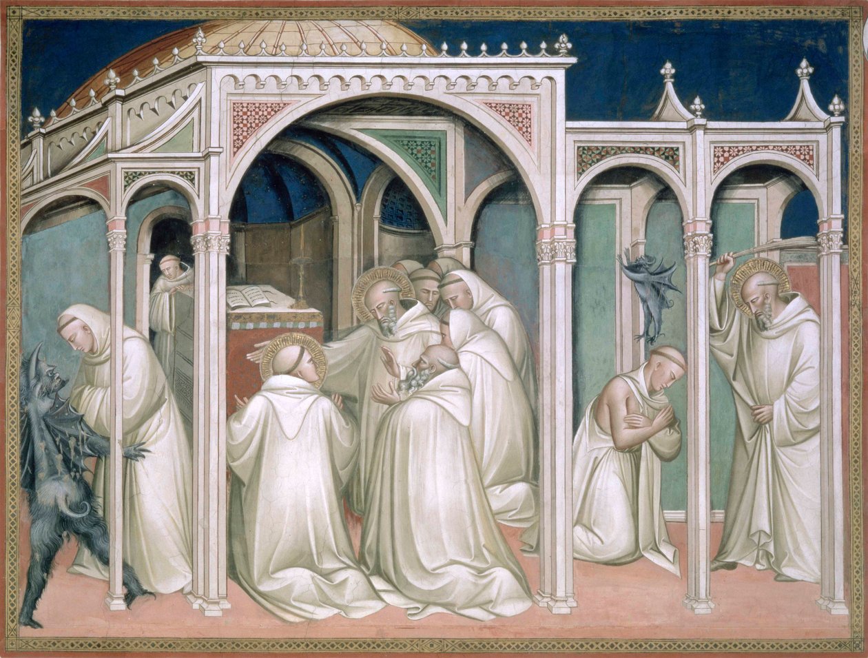 Helgenen befrier en besat munk, detalje fra Sankt Benedikts liv (ca.480-c.550), i sakristiet, 1387 af Aretino Luca Spinello or Spinelli