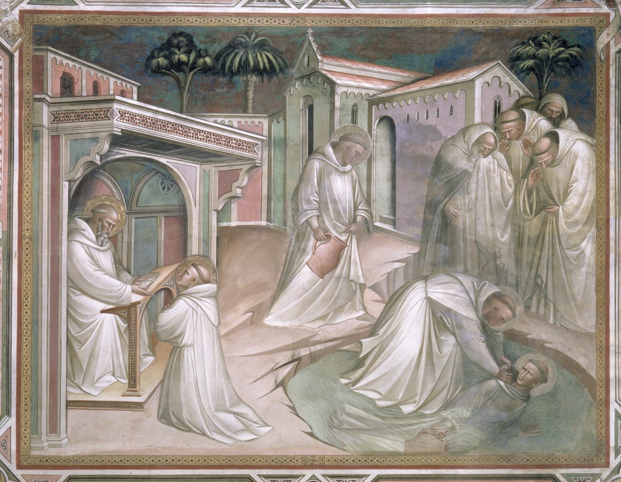 Maurus Saves Placidus, beskriver den hellige Benedikts liv (ca. 480-c. 550), i sakristiet, 1387 af Aretino Luca Spinello or Spinelli