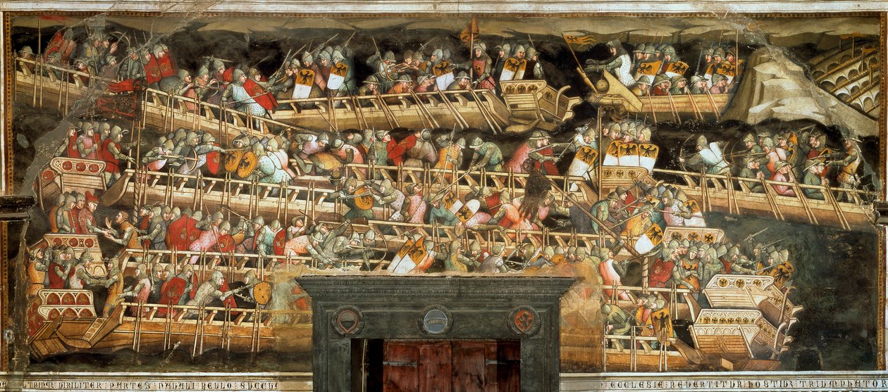 Søslag i Punta Salvatore, modsat hæren af Frederic Barberossa til venetianerne (Fresco af Aretino Luca Spinello or Spinelli