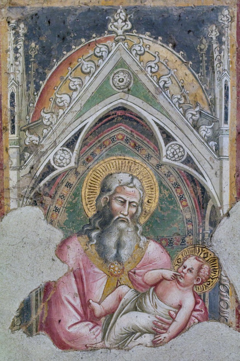 San Simeon holder Jesusbarnet i sine arme i henhold til fortællingen i Lukasevangeliet (freskomaleri) af Aretino Luca Spinello or Spinelli