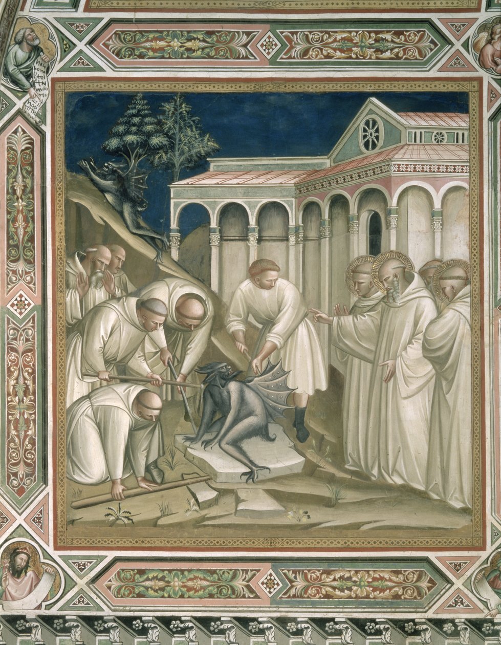 Den tunge sten, detalje fra Sankt Benedikts liv (c.480-c.550), i sakristiet, 1387 af Aretino Luca Spinello or Spinelli