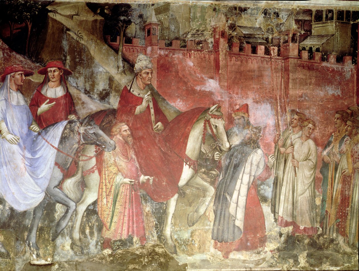 Historien om pave Alexander III (1105-81): Pavens og kejser Frederik Barbarossas (ca. 1123-90) indtog i Rom, 1407 (detaljeret) af Aretino Luca Spinello or Spinelli