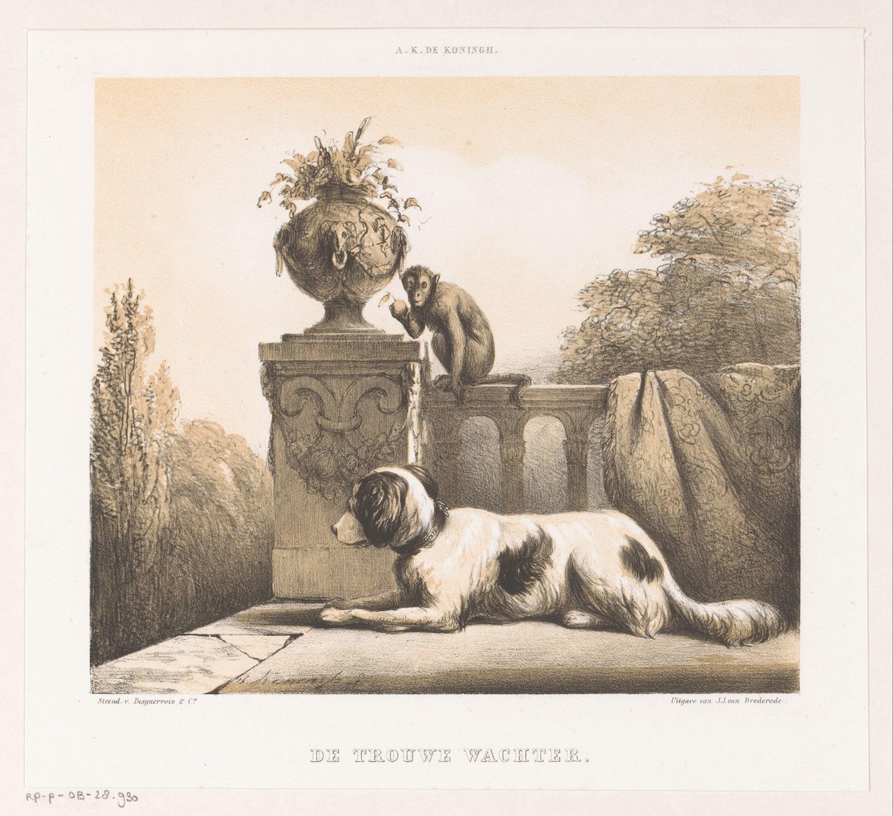 Hund og abe på terrassen The Faithful Watchman (titel på objekt) af Arie Ketting de Koningh