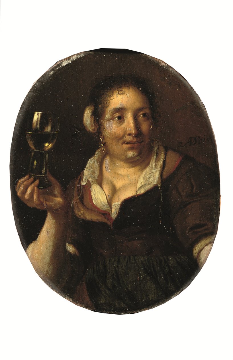 En bondekvinde holder et glas vin (olie på panel) af Arie de Vois