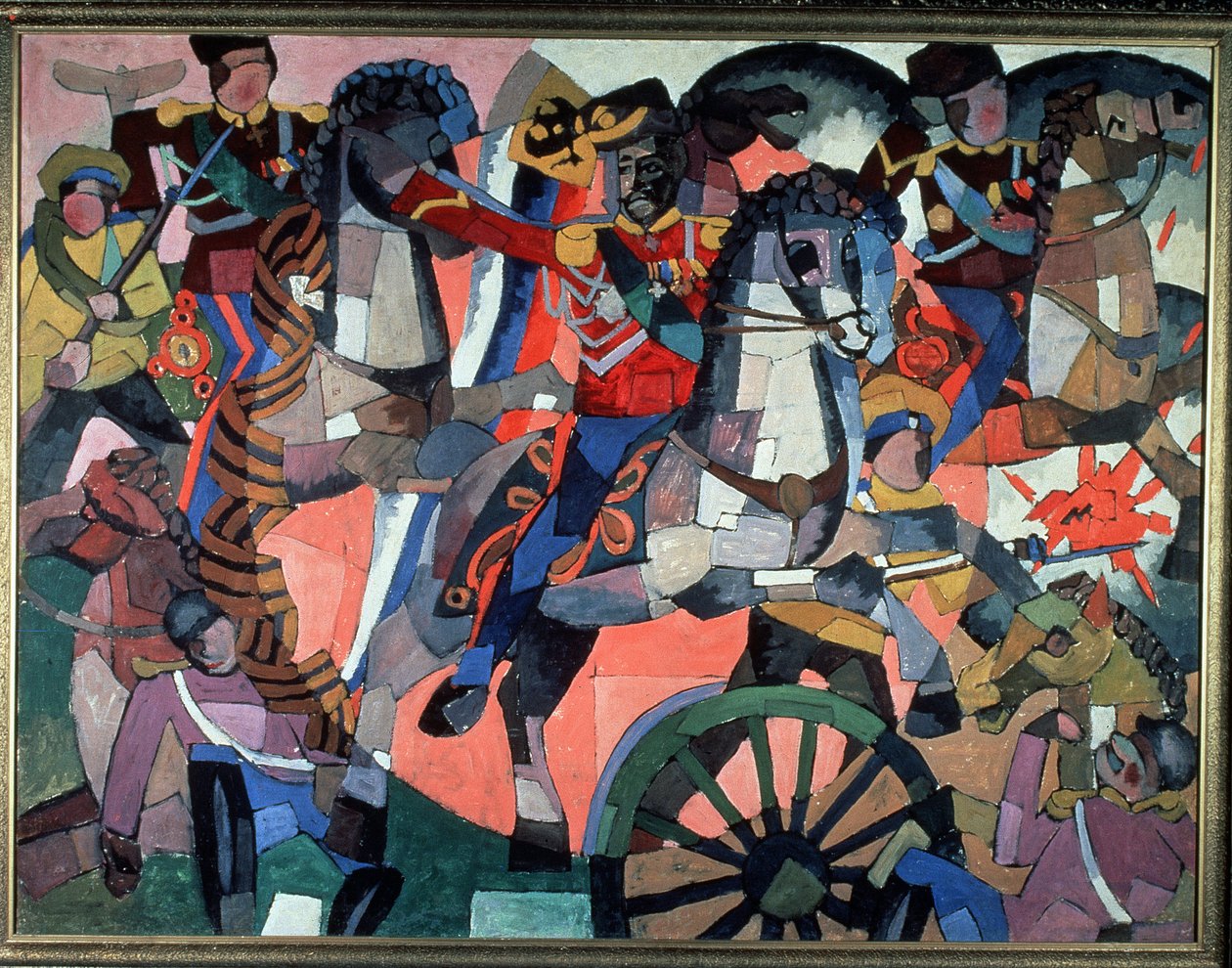 Sejrskamp. Kampscene, udtryksfulde og farverige, bevæbnede soldater, opladningsryttere, kanonhjul og eksplosioner og faldne soldater. Maleri af Aristarkh Vasilyevich Lentulov (1882-1943), olie på lærred, 191 af Aristarkh Vasilievic Lentulov