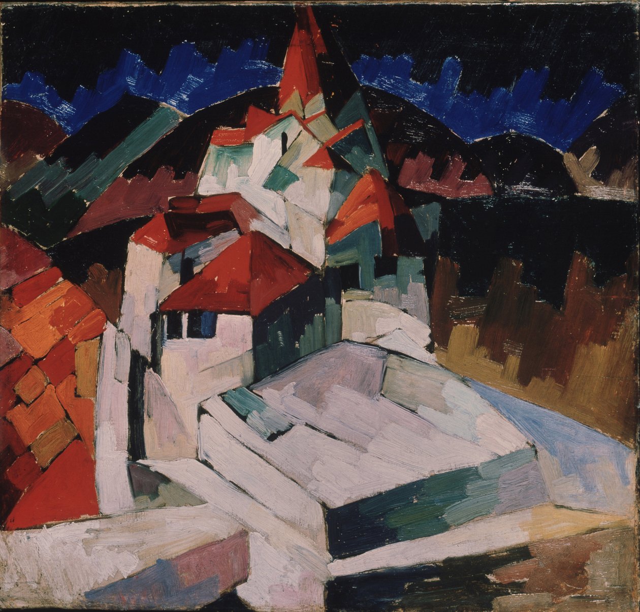 Kirke i Kislovodsk (Nordkaukasus, Rusland) (Kirke i Kislovodsk). Kubistisk beskrivelse af den religiøse bygning i et landskab. Maleri af Aristarkh Vasiliyevich Lentulov (Lentulov) (1882-1943), olie på lærred af Aristarkh Vasilievic Lentulov