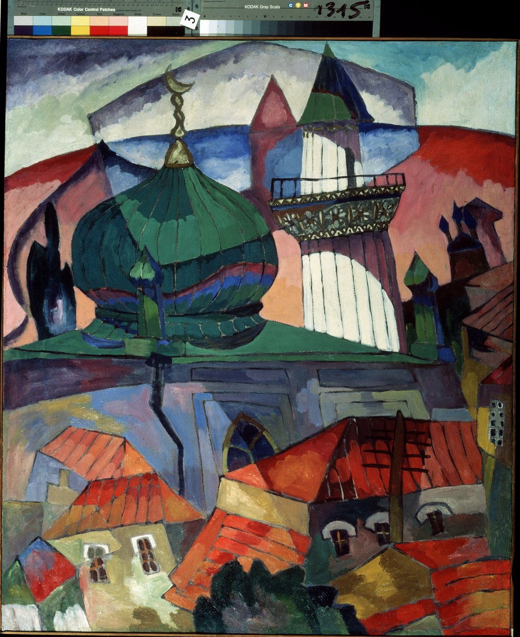 Moské (moske). Dekorativ beskrivelse af en russisk by i Centralasien, domineret af moskéens tag overvundet af den muslimske halvmåne og muezzintårnet. Maleri af Aristarkh Vasilyevich Lentulov (Lentulov) (1882-1943), olie på lærred af Aristarkh Vasilievic Lentulov