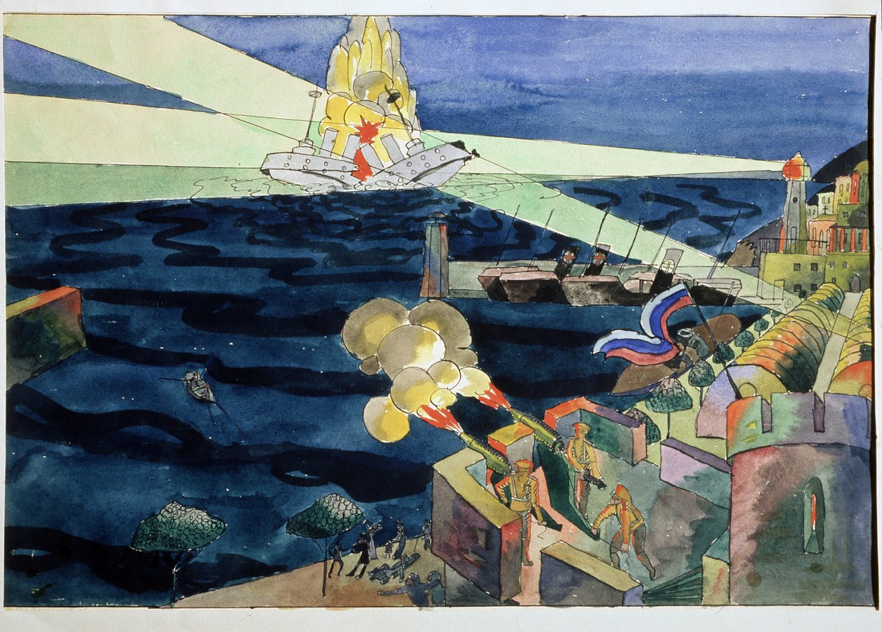 Et søslag. For at forsvare den befæstede kyst skyder kanoner på et slagskib, der går i stykker under eksplosioner. Værk af Aristarkh Vasilyevich Lentulov (Lentulov) (1882-1943), akvarel på papir af Aristarkh Vasilievic Lentulov