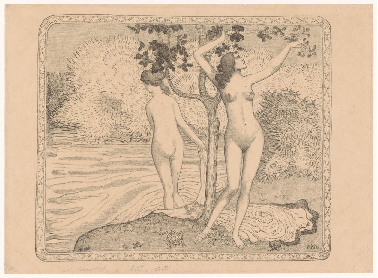To kvinder bader under et træ ved havnefronten Deux baigneuses nues sous un arbre au bord de l