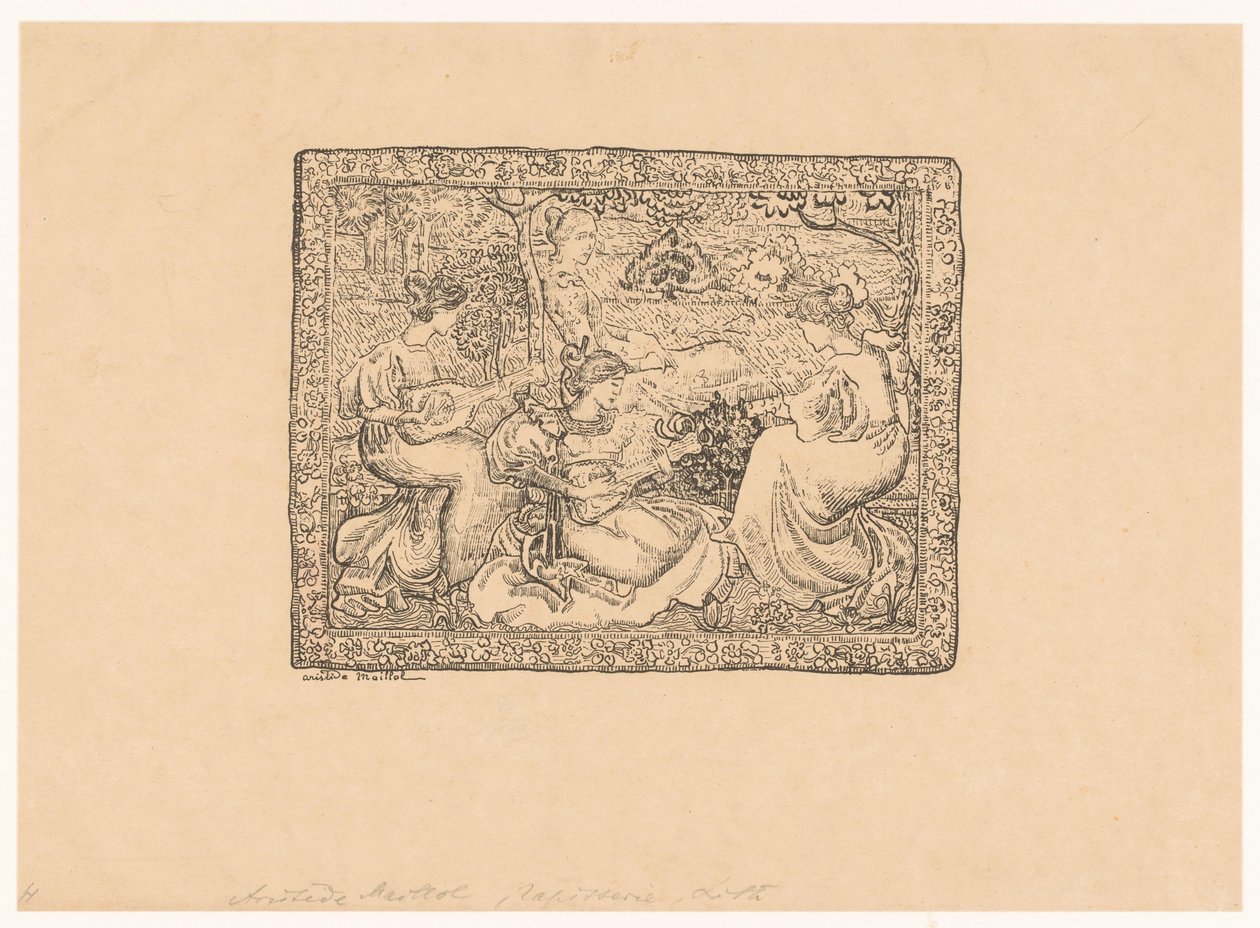 Tapet med fire musikskabende kvinder i et landskab Concert champêtre (original titel) af Aristide Maillol