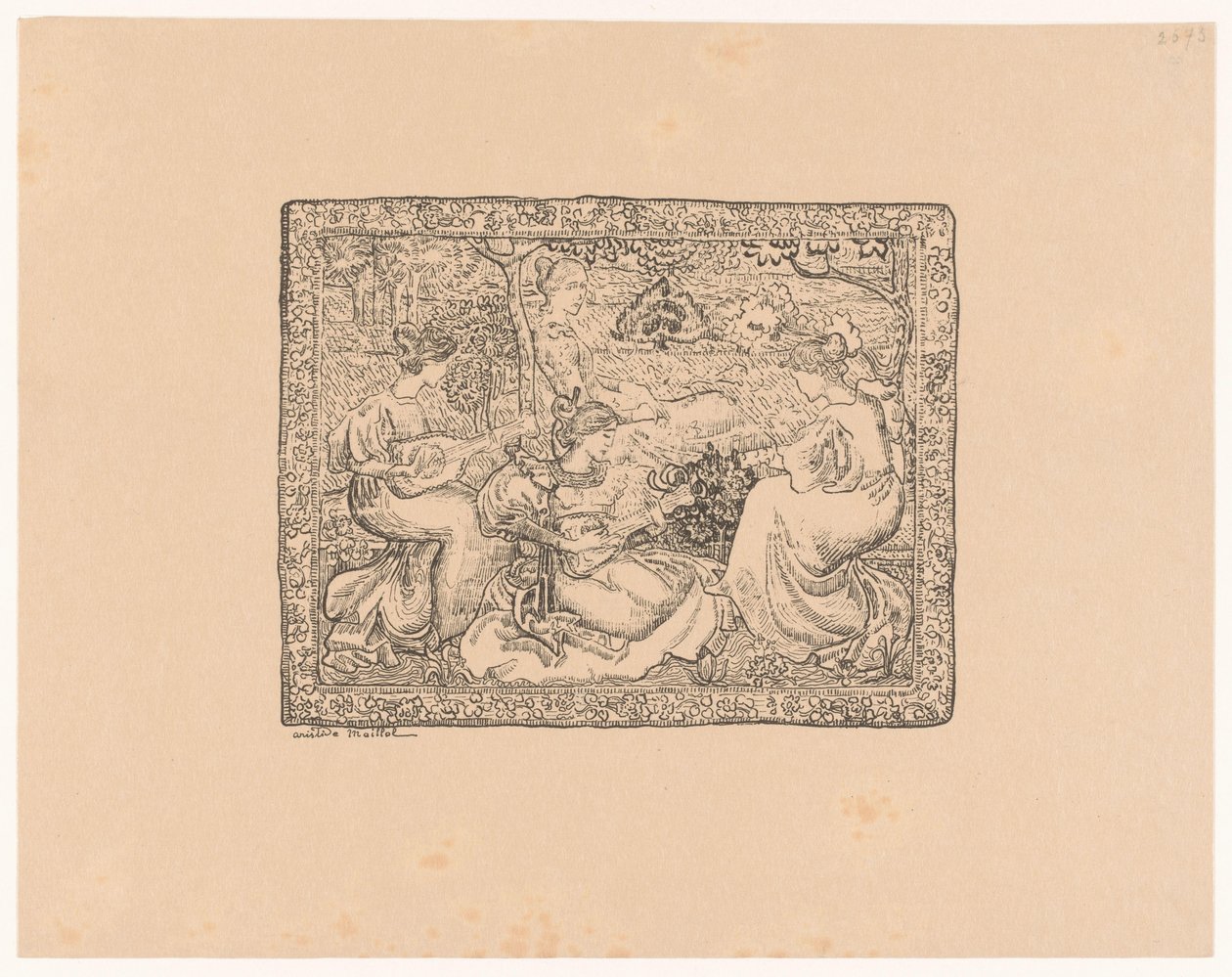 Tapet med fire musikskabende kvinder i et landskab Concert champêtre (original titel) af Aristide Maillol
