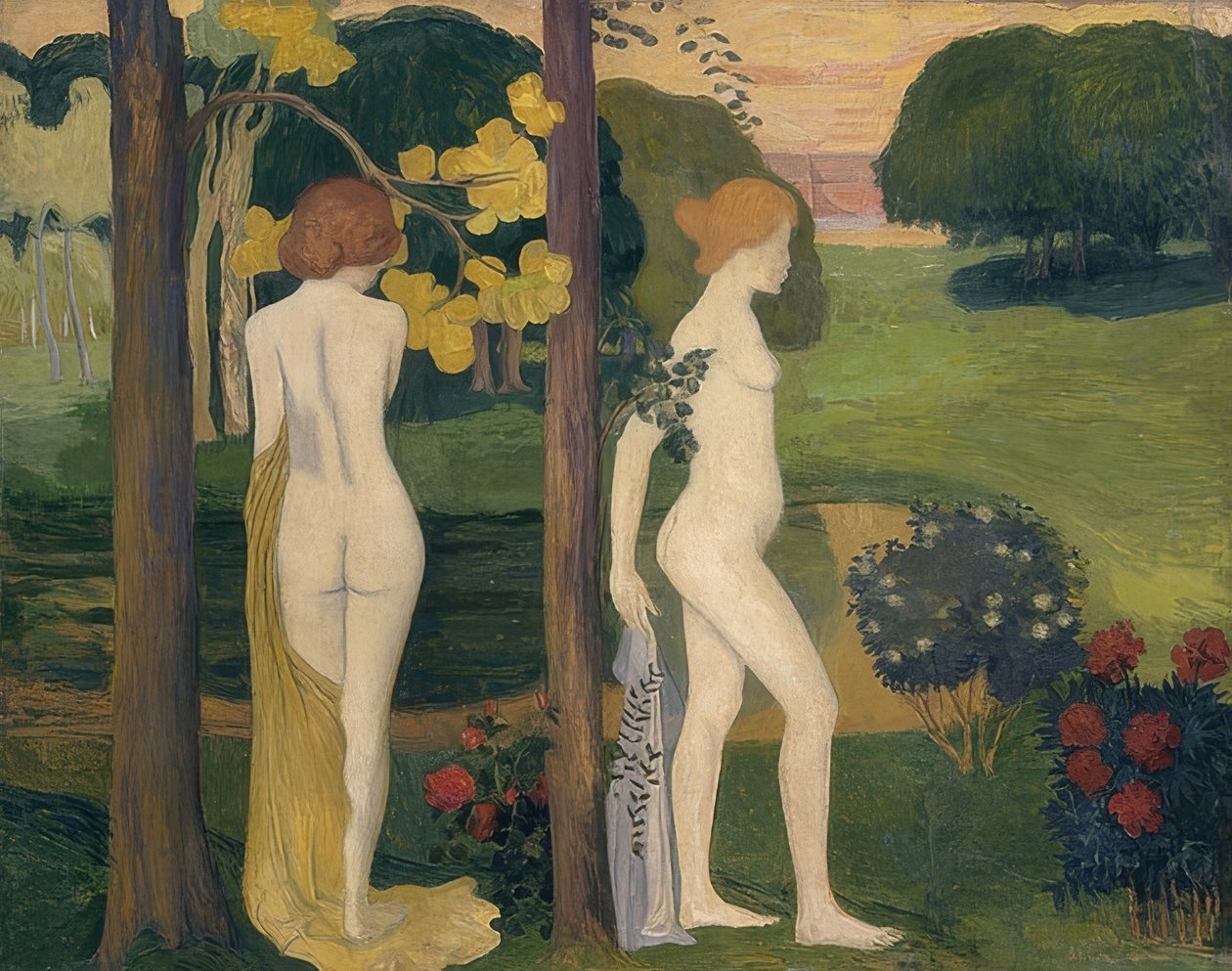 To kvindelige nøgenbilleder i et landskab (Deux nus dans un paysage). Omkring 1895/1900 af Aristide Maillol
