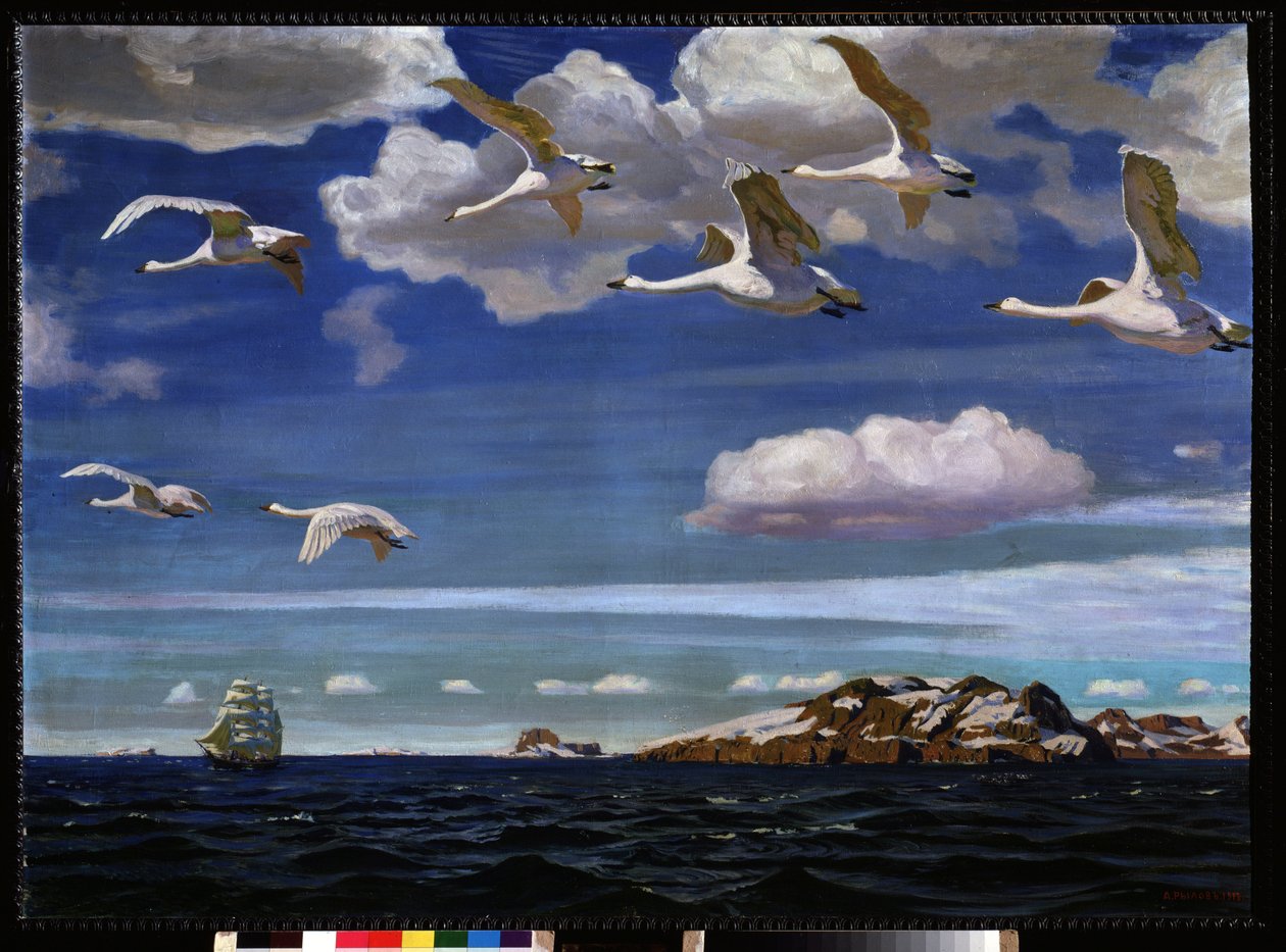 Blå frihed. Træk af vilde gæs, der flyver over havet. Maleri af Arkadi (Arkady) Alexandrovich Rylov (1870-1939), olie på lærred af Arkadij Aleksandrovic Rylov