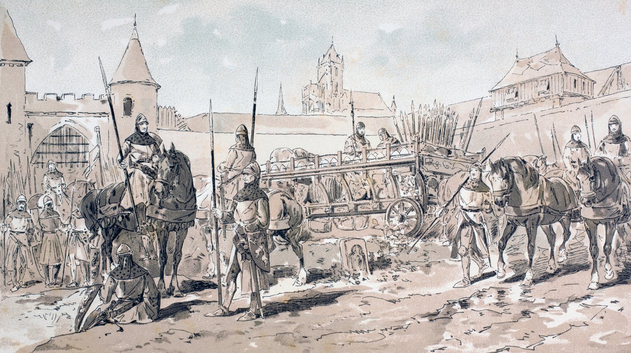 Kavaleri og fodsoldater med hestetrukne vogne med våben og forsyninger i det 13. århundrede, 1886 af Armand Jean Heins