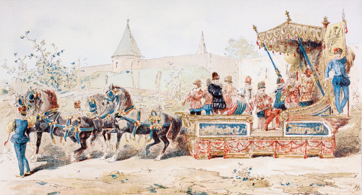 Hestetrukket dekoreret vogn med professionelle musikere, 16. århundrede, 1886 af Armand Jean Heins