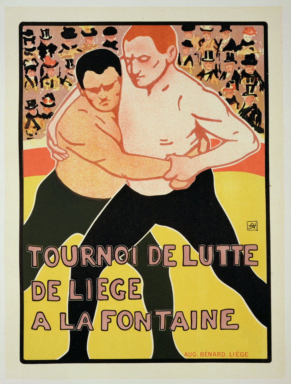 Reproduktion af en plakat, der reklamerer for en brydekonkurrence i Springvandet, Liege, Belgien, 1899 af Armand Rossenfosse