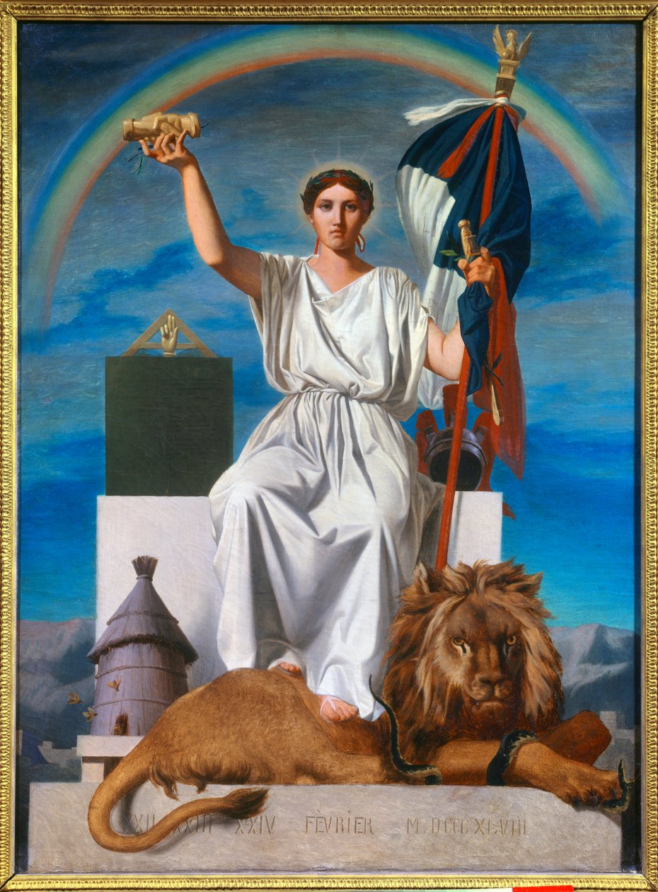 Republikken. Allegori, der repræsenterer republikken som en kvinde, der bærer en laurbærkrans, symbol på fred, holder det trefarvede flag og niveau, symbol på lighed. Hans fødder hviler på en løve, et symbol på styrke ligger nær en bikube. Regnbuen bagpå i af Armand Cambon