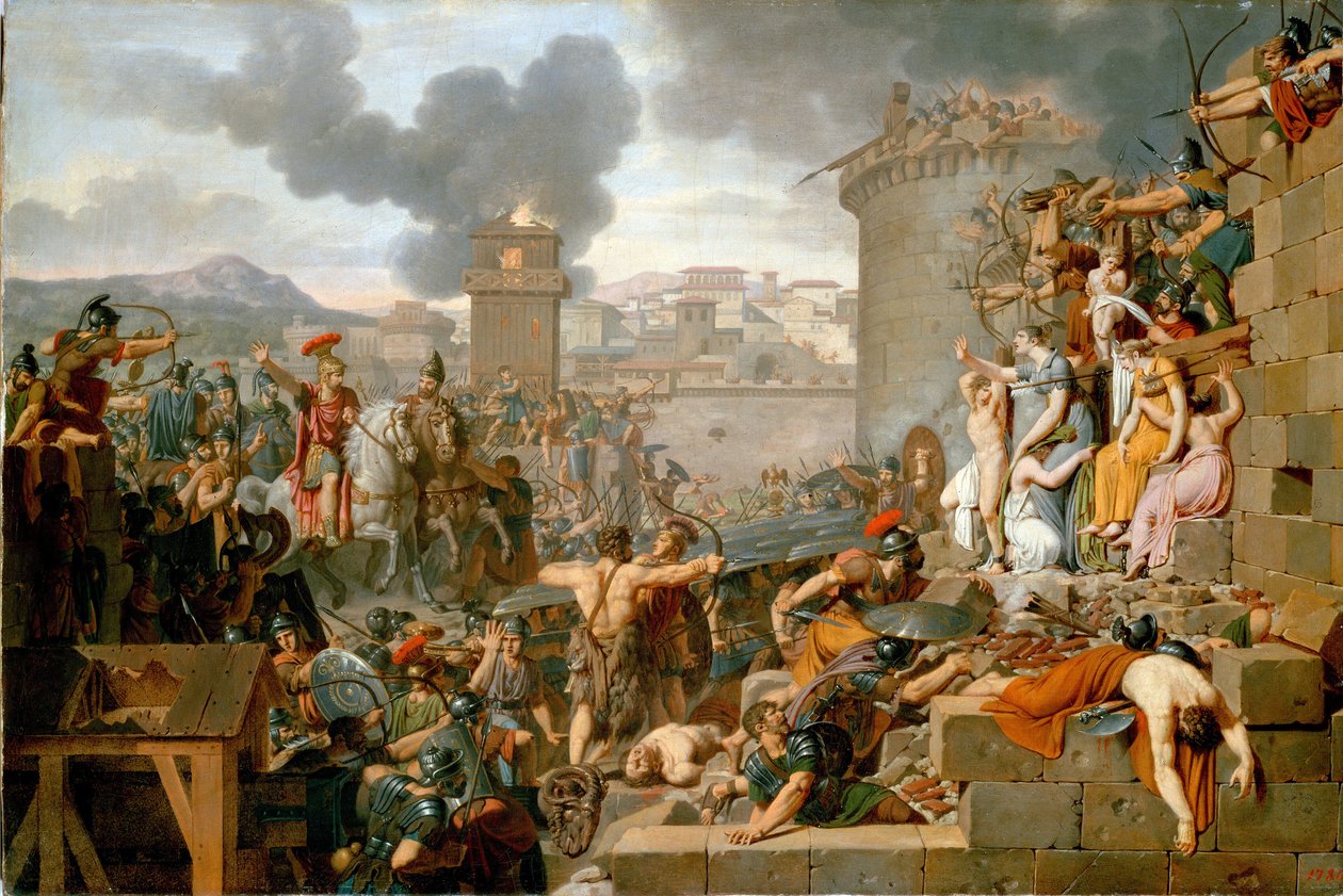 ""Metellus Raising the Siege" (Metellus Raising the Siege) Under belejringen af ​​byen Centobrica arresterer Quintus Caecilius Metellus Macedonicus sine soldater, da indbyggerne udsætter Rhetogenes børn for at angribe ham. Malet af Armand Charles Caraffe
