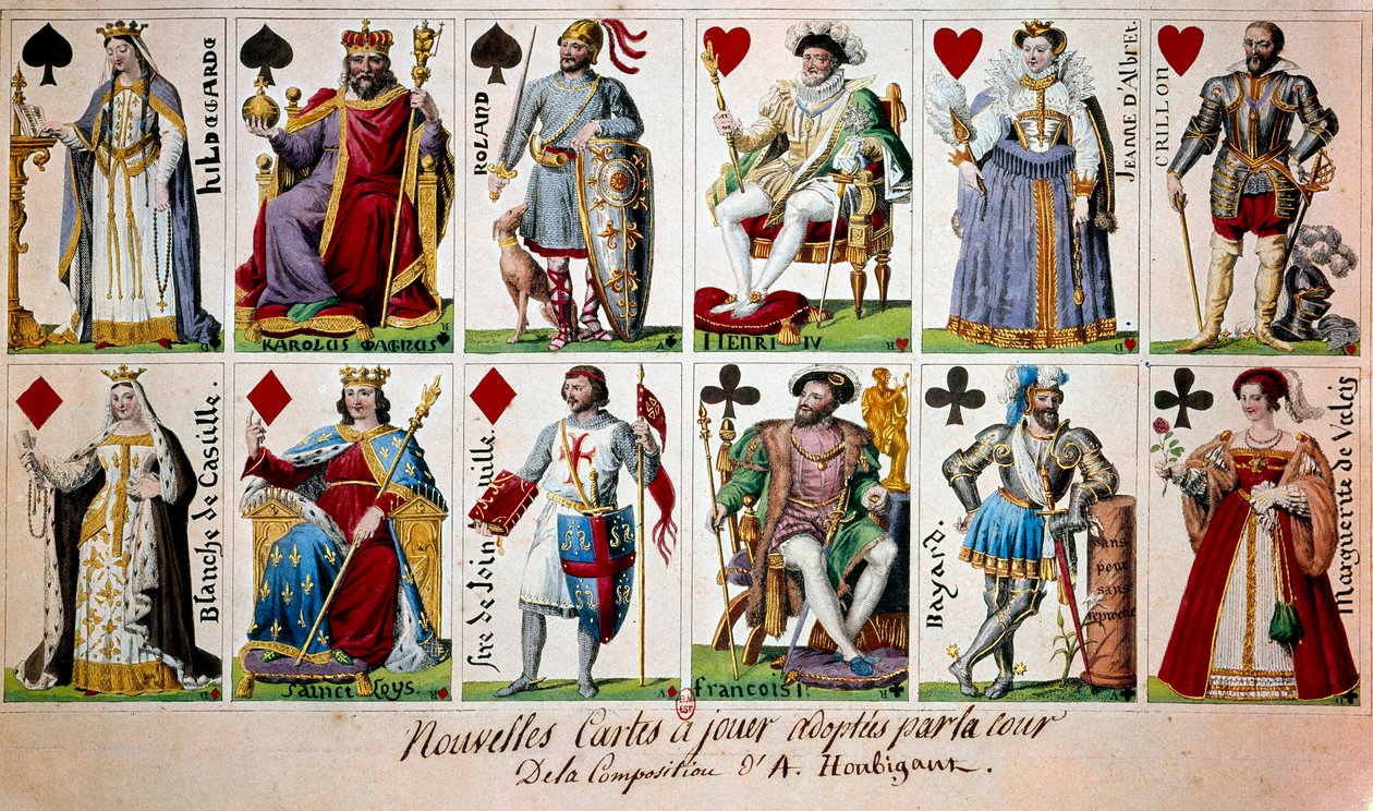 Franske historiske personer fra Karl den Store til Henri IV. Fra venstre mod højre og fra top til bund: Hildegarde af Vintzgau (757-783), Karl den Stores hustru; Karl den Store (Karl I kendt som Karl den Store 742-814); Ridder Roland (eller Hroudland), mar af Armand Gustave Houbigant