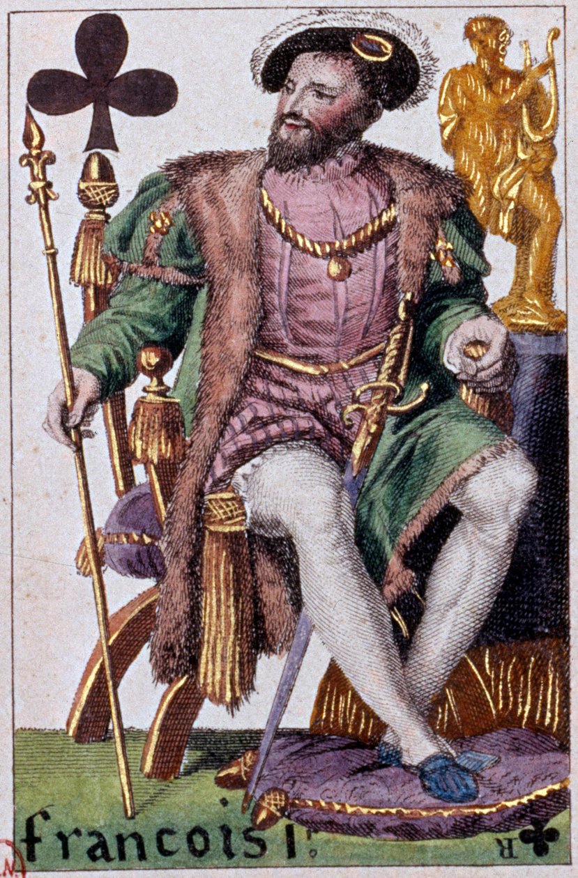 Repræsentation af kong Francois I (1494-1547). Detalje af et spillekort lavet af Gustave Houbigant (1789-1862) 1800-tallets Paris B.N. af Armand Gustave Houbigant