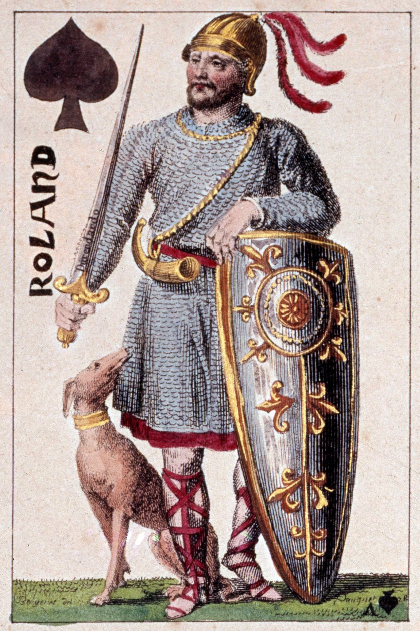 Repræsentation af ridderen Roland (eller Hroudland), Marquis of the Marches of Bretagne. Detalje af et spillekort lavet af Gustave Houbigant (1789-1862) 1800-tallets Paris B.N. af Armand Gustave Houbigant