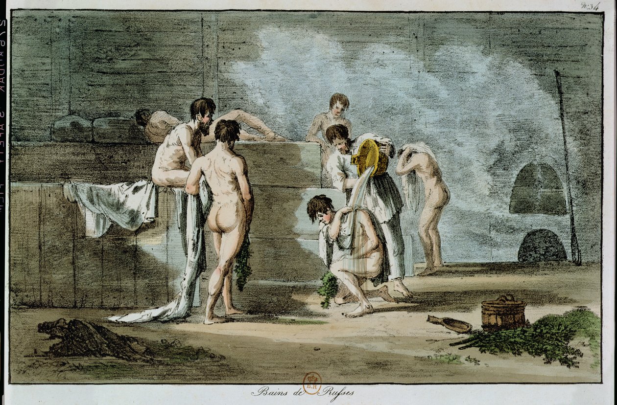 Russiske mænd i en sauna, fra Moeurs et Coutumes Russes, 1821 (farvelitografi) af Armand Gustave Houbigant