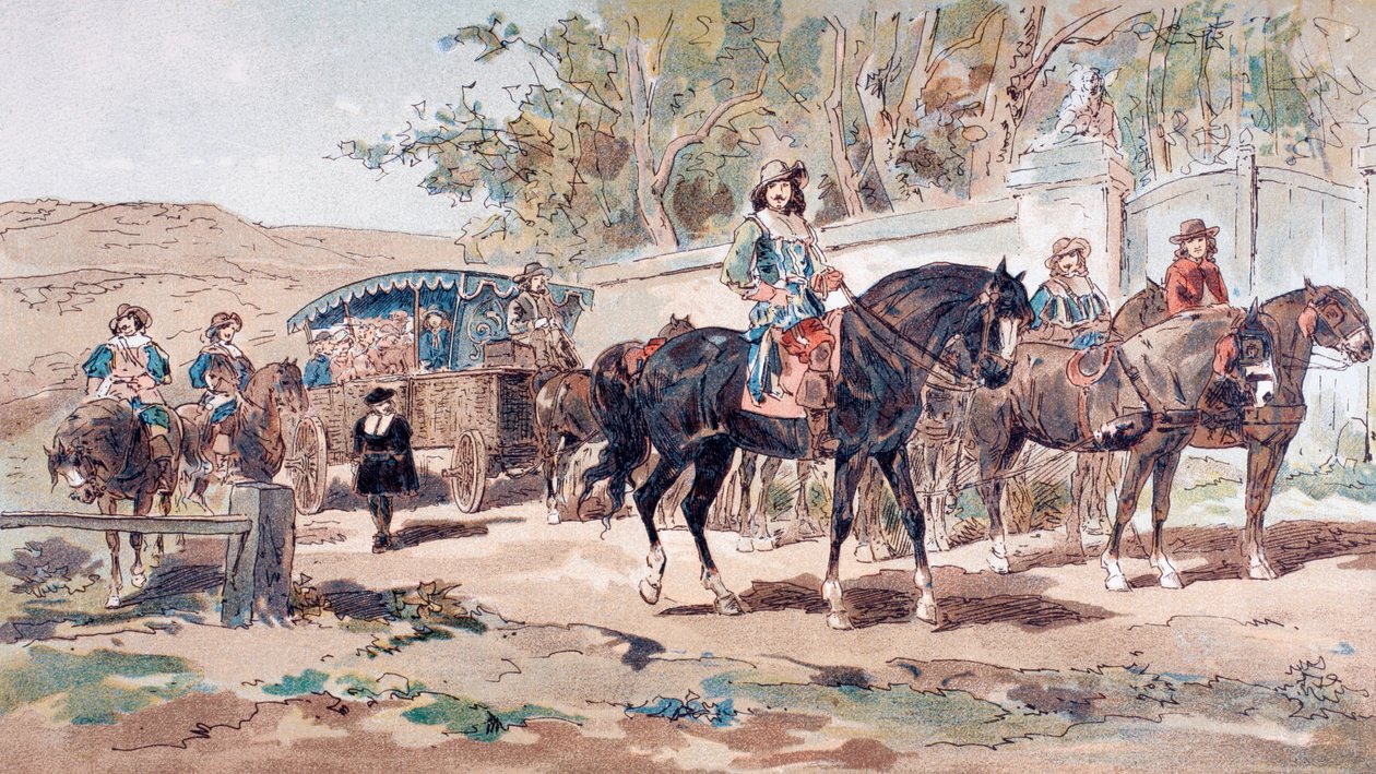 En hestetrukket offentlig diligence, eller træner, fra det 17. århundrede med monteret eskorte, 1886 af Armand Jean Heins