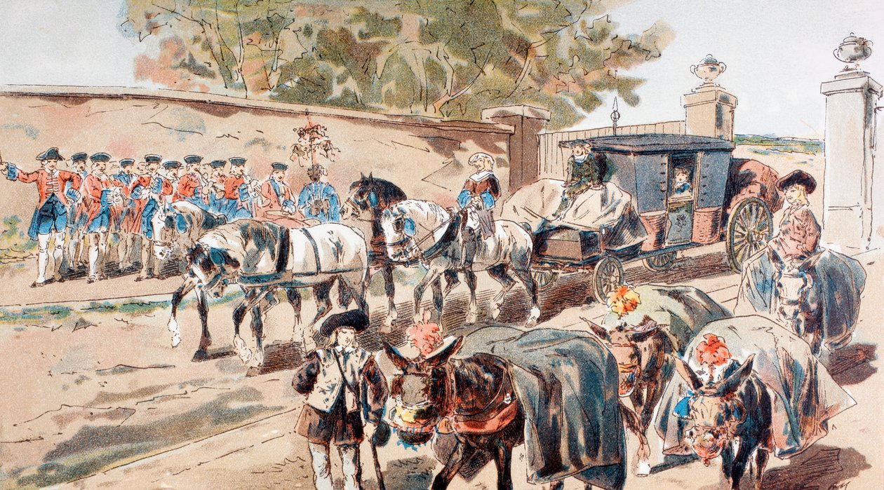 En post-chaisestol, der går ind i en muret bygning og passerer mellem et band og et æseltog af Armand Jean Heins