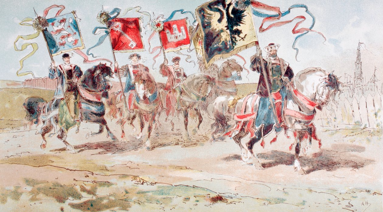 Ryttere med bannere fra hanseforbundet og byer tilhørende forbundet, 16. århundrede, 1886 af Armand Jean Heins