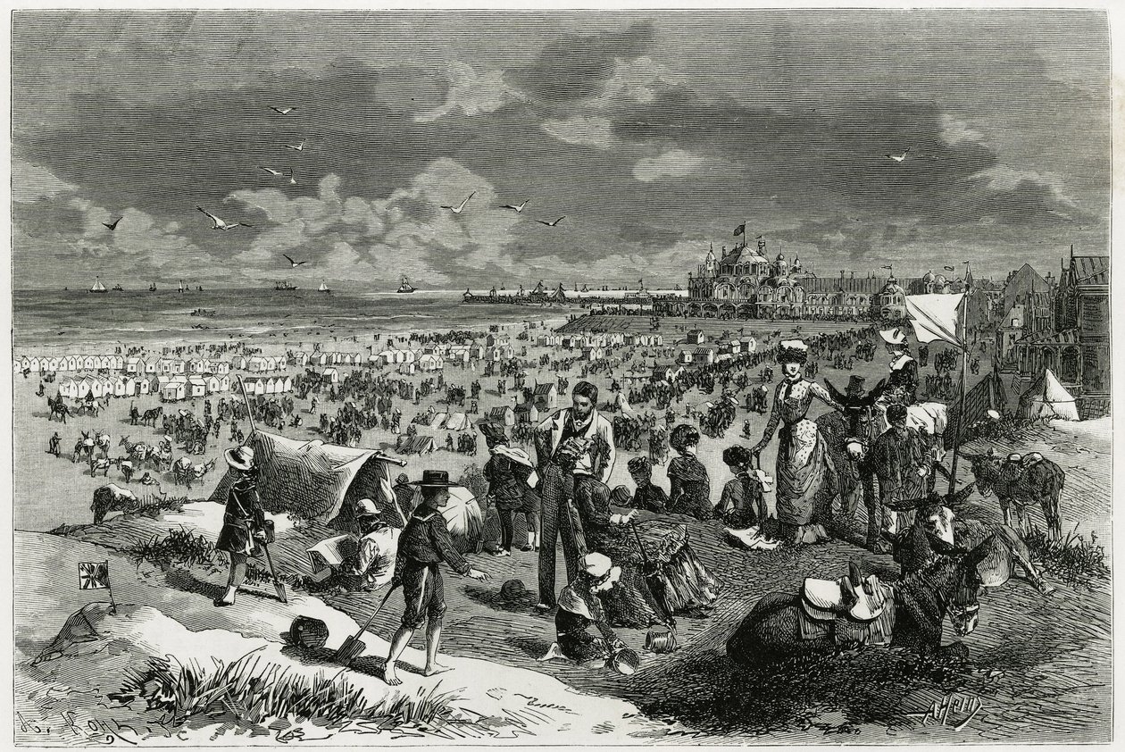 Oostende Strand. Gravering af A.Heins, for at illustrere historien ""La Belgique"", af Camille Lemonnier (1844-1913), forfatter og kunstkritiker. Udgivet i Tour du monde new journal des voyages af Armand Jean Heins