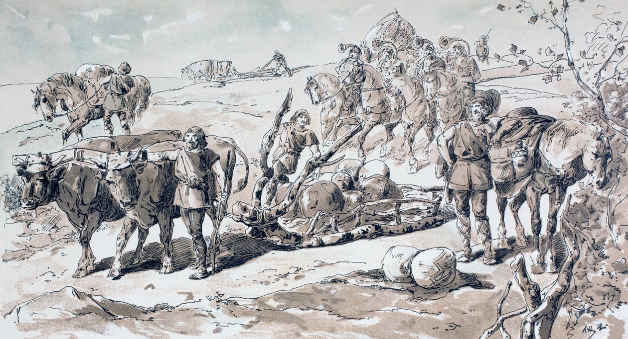 Okser, der trækker en primitiv slæde fyldt med sten, 1886 af Armand Jean Heins