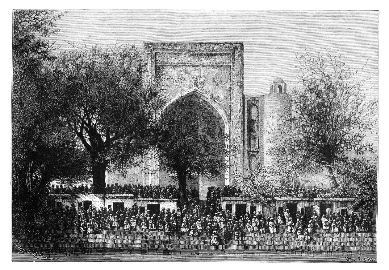 En forsamling foran moskeen i Bukhara, Usbekistan, 1895. af Armand Kohl