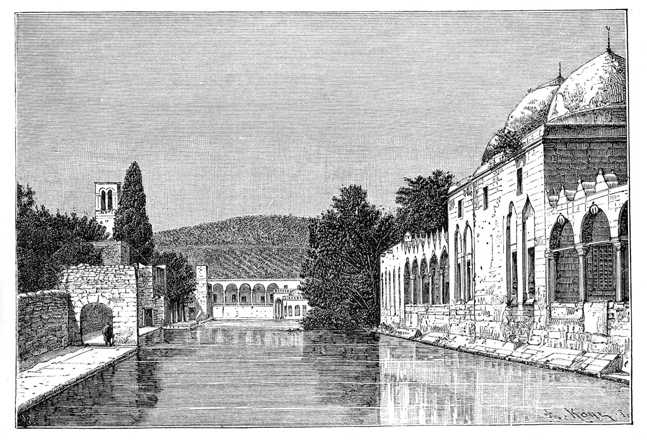 Abrahams moske og springvand, Ofra ved Tayyibah, Vestbredden, Israel, 1895. af Armand Kohl
