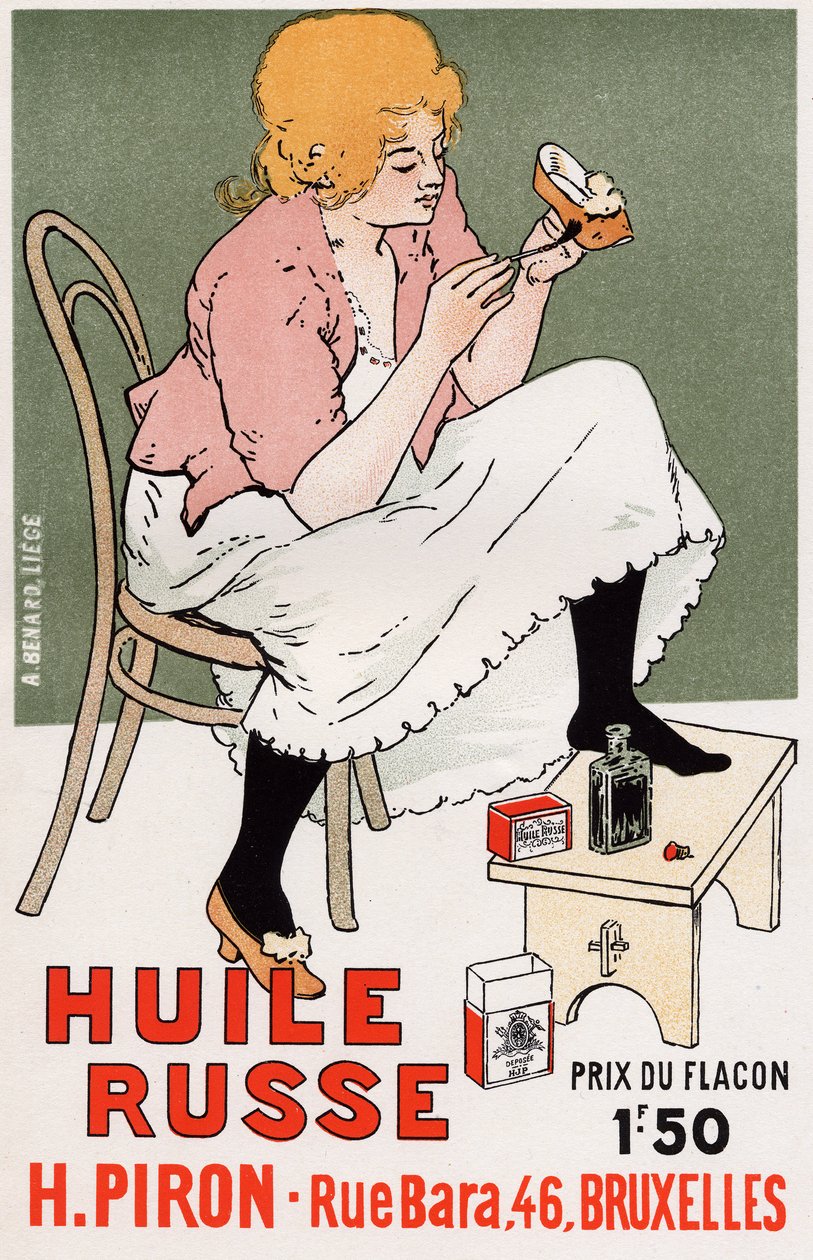 Livsstil. Fashion. Russisk olie, reparation af sko. Plakat af Armand Rassenfosse, Belgien, ca. 1895 (plakat) af Armand Rassenfosse