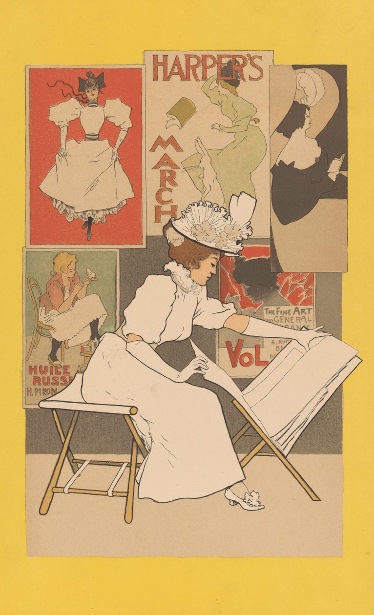 Siddende kvinde på et stativ og ser på tryk, 1897 af Armand Rassenfosse