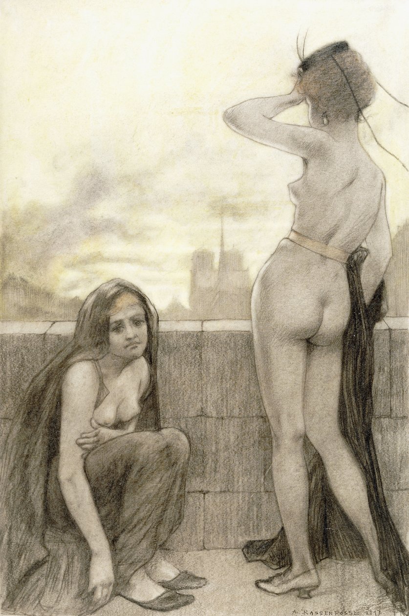 To delvist påklædte kvinder ved en mur i en by af Armand Rassenfosse