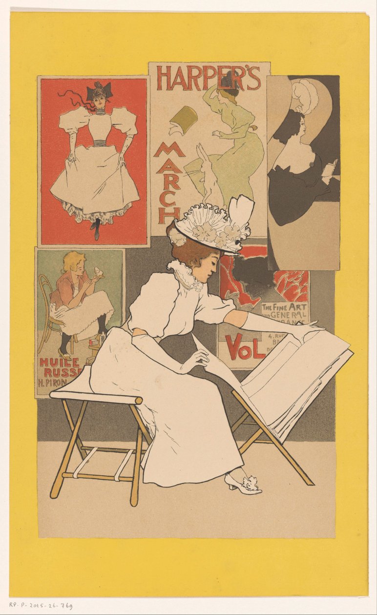 Siddende kvinde ser på billeder i en printstand af Armand Rassenfosse