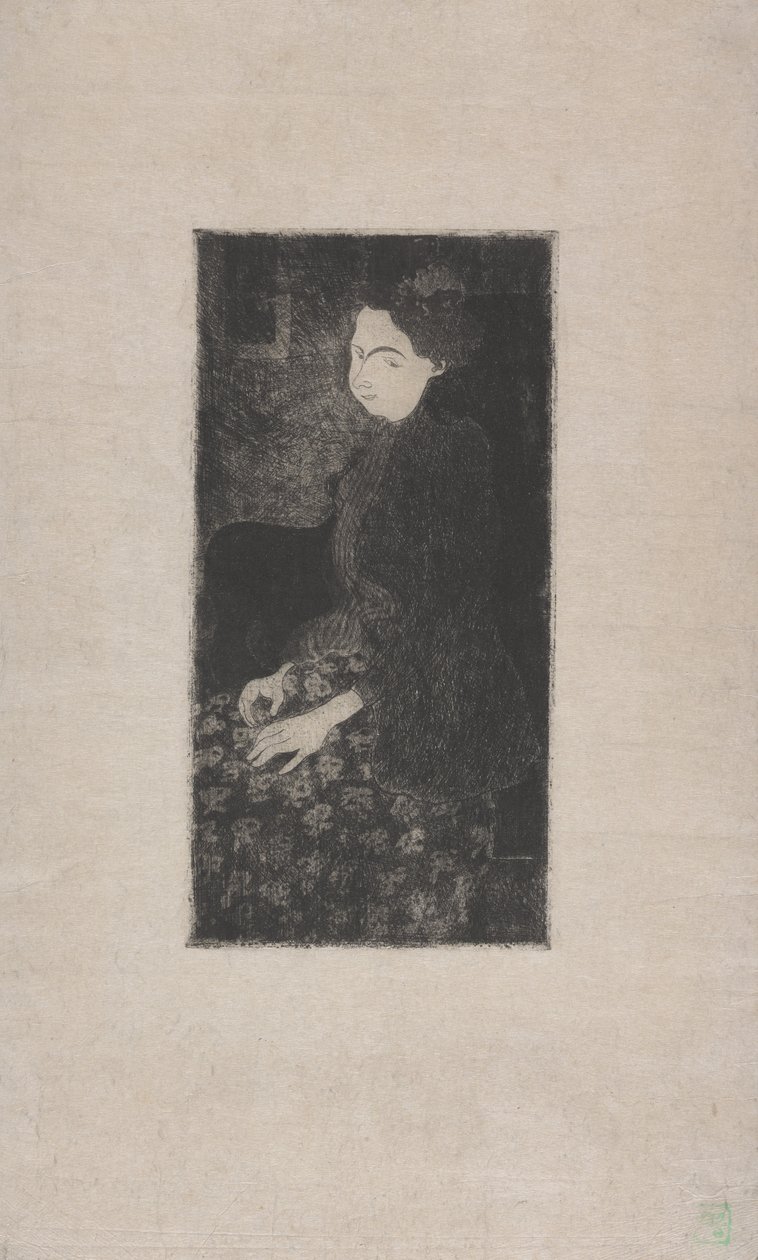 Femme assise avec chapeau a plumes (Siddende kvinde med fjerhue) ca. 1893 (ætsning, tørnål og stiplet) af Armand Séguin