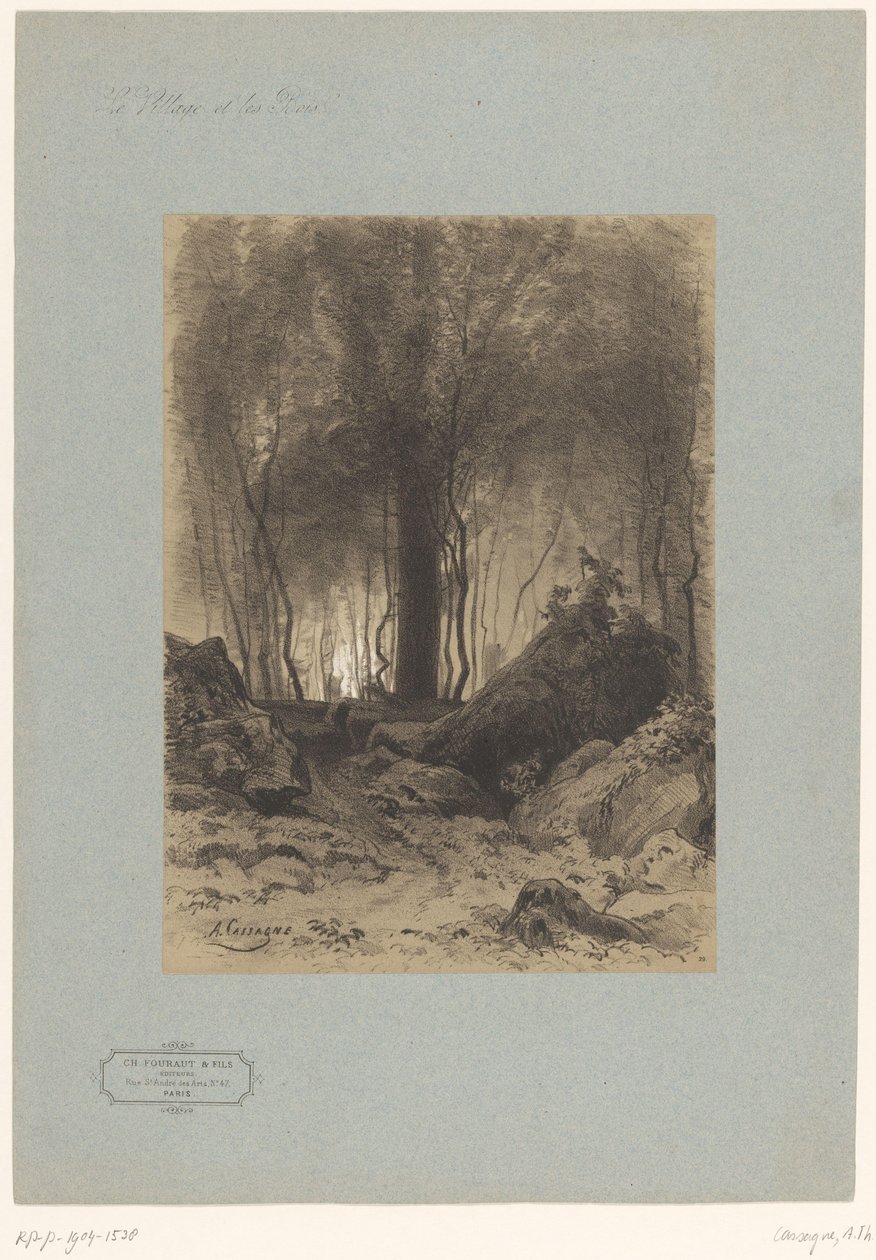 Skovudsigt med kampesten Landskaber med landsbyer og skov (serietitel) Le village et les bois (serietitel på objekt) af Armand Theophile Cassagne