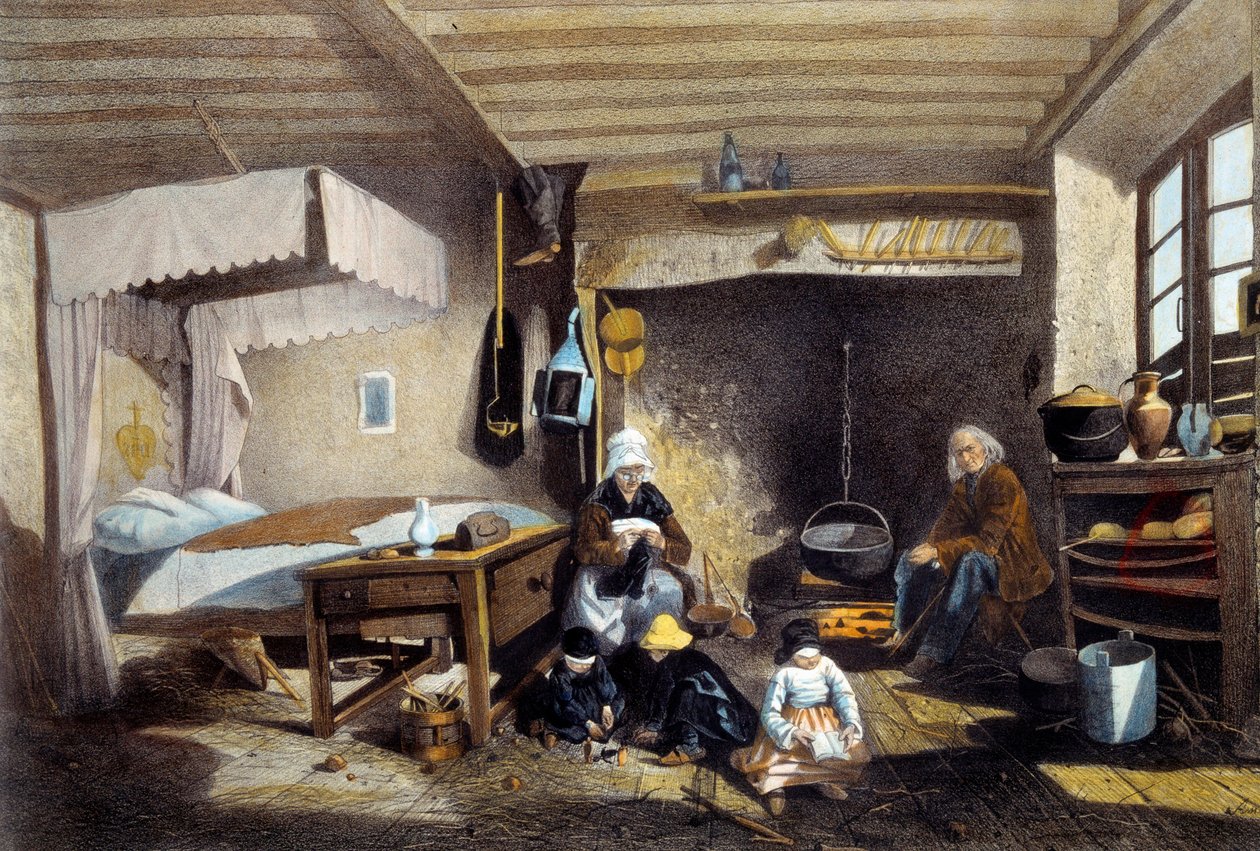 Bondeinteriør nær Royat i Auvergne. Moren syr, faren sidder ved den store pejs, mens børnene leger. Litografi af Armand Theophile Cassagne (1823-1907) 1800-tallet. Musee National des Arts et Traditions Populaire, Paris. af Armand Theophile Cassagne